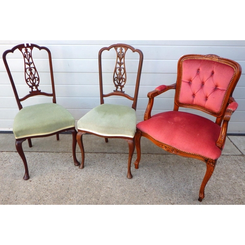 652 - A French style armchair together with a pair of mahogany salon chairs (3)