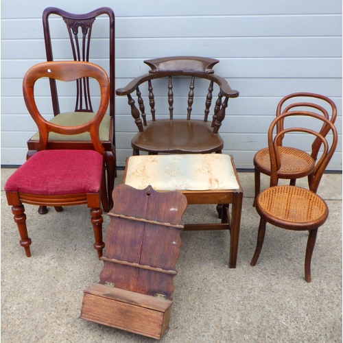 663 - A group of various chairs together with a pipe rack (7)