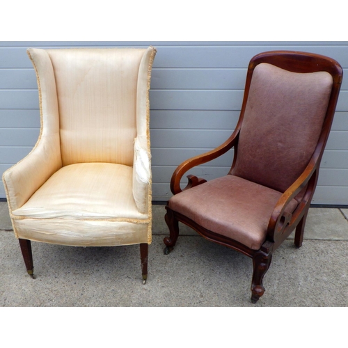 664 - An Edwardian armchair together with a Victorian mahogany armchair (2)