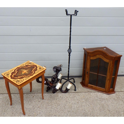 669 - An inlaid musical sewing table together with a ceiling light, wrought iron stand and an oak corner c... 