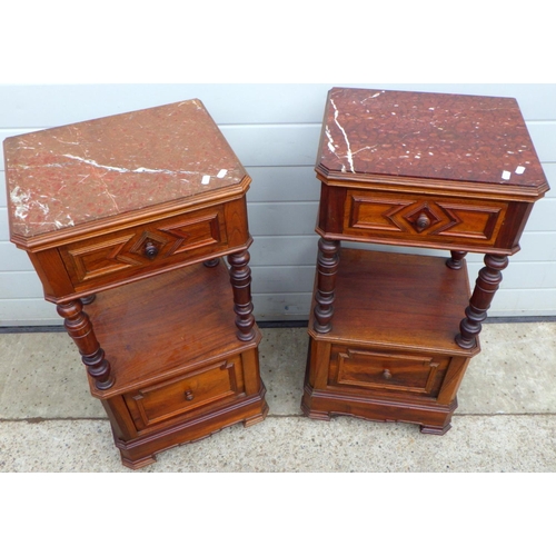 671 - A pair of early 20thC French marble top bedside cupboards