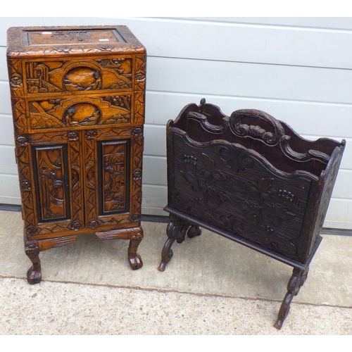 677 - A Oriental carved cupboard together with a carved magazine rack (2)