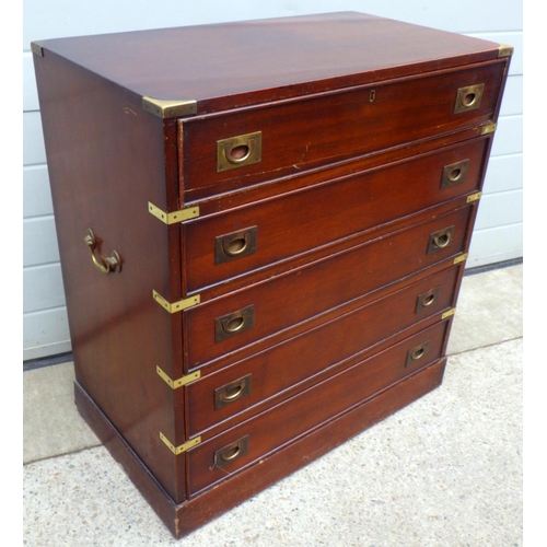 682 - A reproduction mahogany campaign style secretaire chest of drawers AF