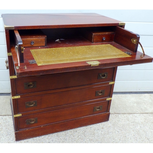 682 - A reproduction mahogany campaign style secretaire chest of drawers AF