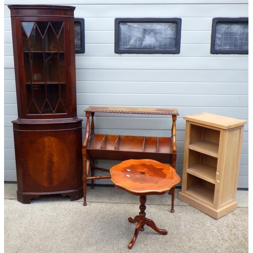 685 - A reproduction mahogany book rack together with a corner cupboard, occasional table and an oak set o... 