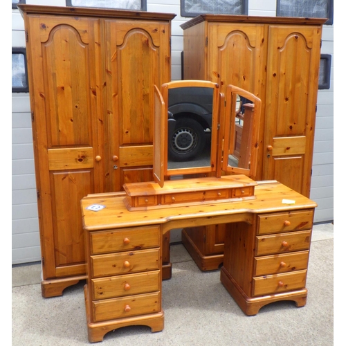 690 - A pair of Pine robes, dressing table and a superking size bed frame