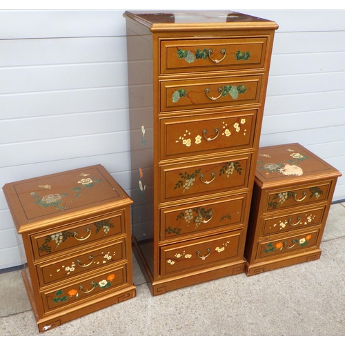 711 - A tall gold painted chest of drawers, 56cm wide together with a pair of matching bedside chest's, fi... 