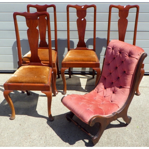 755 - A set of four Queen Anne style dining chairs together with a Victorian rocking slipper chair (5)