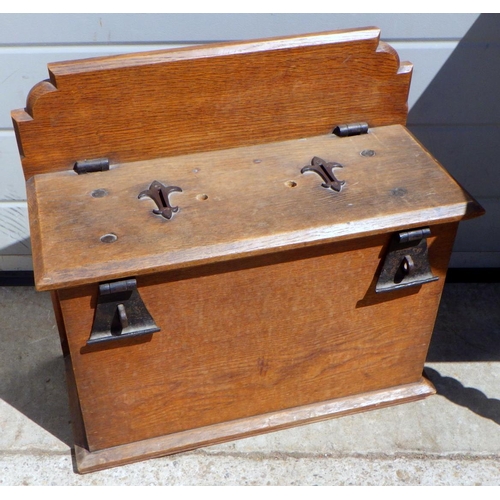 764 - An early 20thC oak donation box with fleur de lys coin slots 50 x 45cm       Ex. York Minster Stores