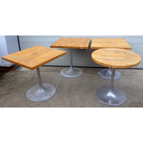 773 - Three square cafe tables 75cm sq together with a similar circular table af (4)