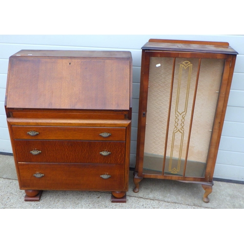 781 - An oak ply bureau together with a single door display cabinet (2)