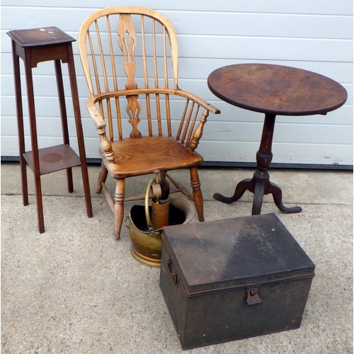785 - A cut down Winsor chair together with a mahogany tri-pod table, plant stand, tin box, brass coal buc... 