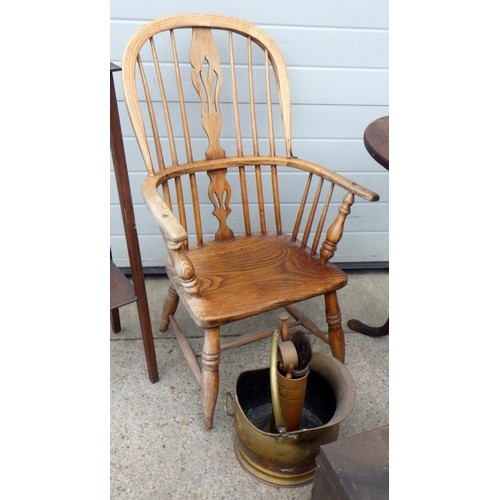 785 - A cut down Winsor chair together with a mahogany tri-pod table, plant stand, tin box, brass coal buc... 