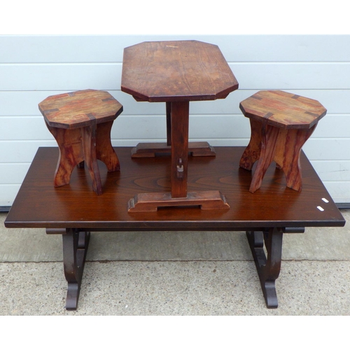 786 - A pair of joined teak stools together with a small side table and a coffee table af (4)