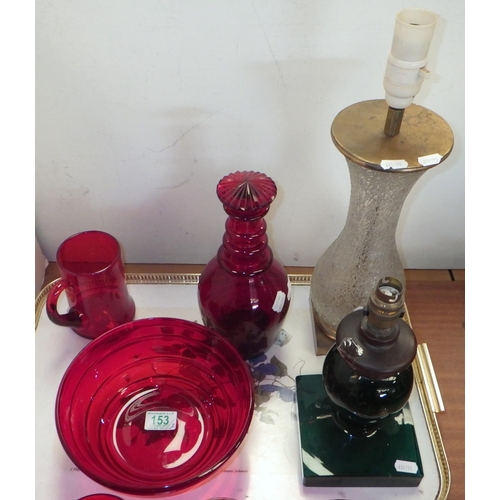 153 - A collection of red glass incl decanters and drinking glasses; two glass table lamp bases. (2)