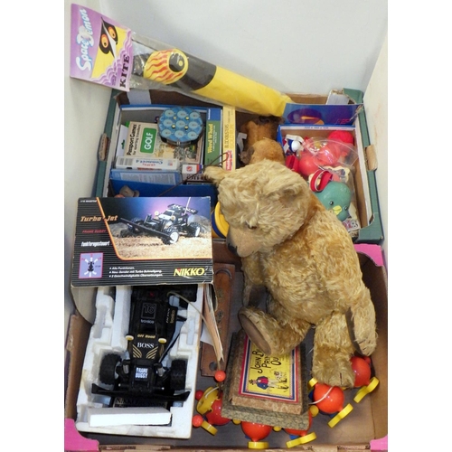 180 - A collection of toys and games incl a jointed teddy bear. (2)