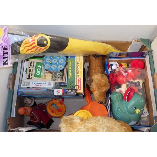 180 - A collection of toys and games incl a jointed teddy bear. (2)