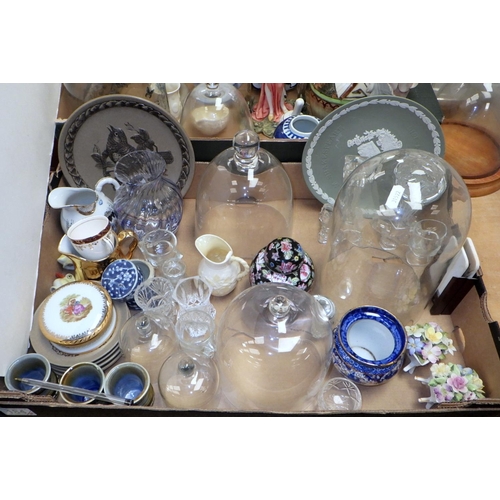 184 - Ceramics incl Belleek, Poole Pottery etc; various glass domes; a floral spray cut-out hardboard stan... 