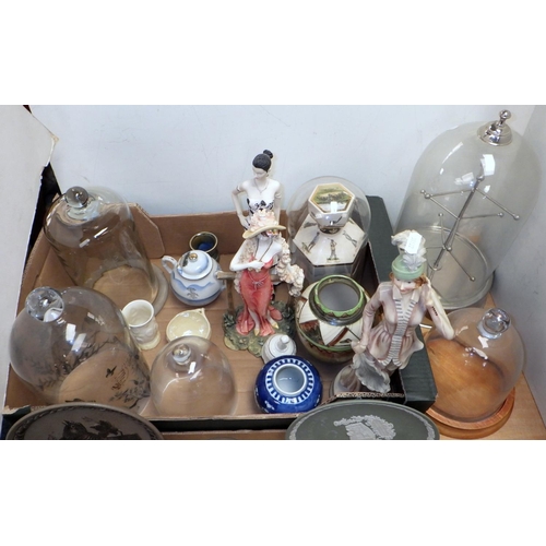 184 - Ceramics incl Belleek, Poole Pottery etc; various glass domes; a floral spray cut-out hardboard stan... 