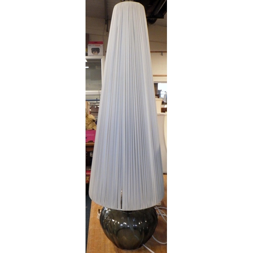 186 - A mid-century  design blue glass based table lamp having a tall pleated shade, 93cm total, shade a/f... 