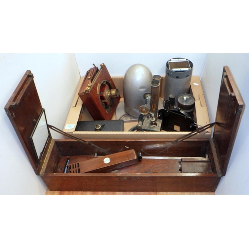 193 - A Sailsbury Tintometer, oak cased; two part microscopes; large format / plate  camera parts incl a Z... 