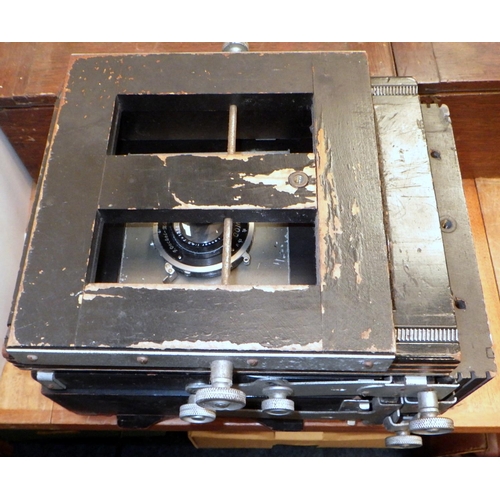 193 - A Sailsbury Tintometer, oak cased; two part microscopes; large format / plate  camera parts incl a Z... 