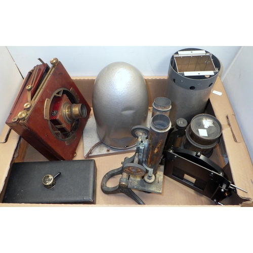 193 - A Sailsbury Tintometer, oak cased; two part microscopes; large format / plate  camera parts incl a Z... 