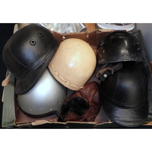 194 - A leather flying / motoring helmet, part fur lined c1930s; various mid-20th cent motor racing intere... 