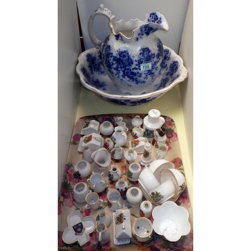 198 - Crested china souvenir miniatures incl Shelley and Goss; a blue and white wash jug and bowl. (2)