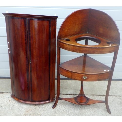 813 - A 19thC mahogany corner washstand together with a bow fronted corner cupboard (2)