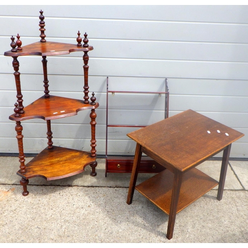 816 - A reproduction mahogany wall shelf together with an oak coffee table and a 19thC three tier what-not... 