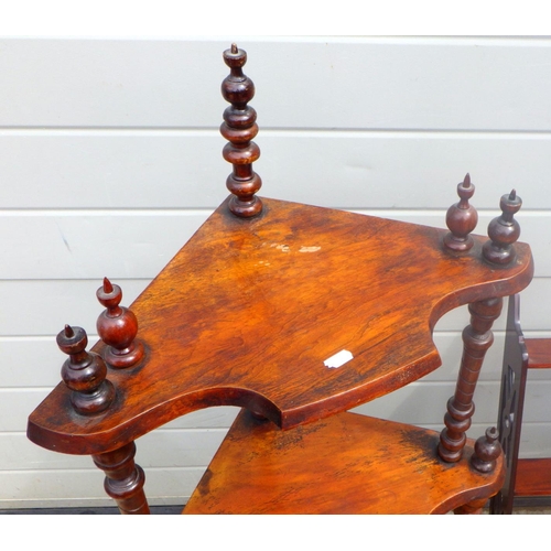 816 - A reproduction mahogany wall shelf together with an oak coffee table and a 19thC three tier what-not... 