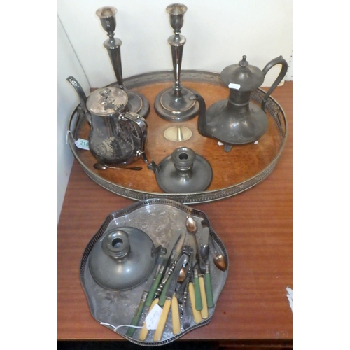 210 - An oval tray, oak with silver plated gallery; a pair of silver plated candlesticks an pair of pewter... 