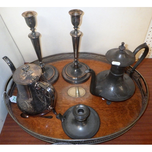 210 - An oval tray, oak with silver plated gallery; a pair of silver plated candlesticks an pair of pewter... 