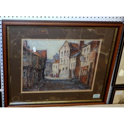 213 - An unidentified street scene, pastel on paper, 38 x 28cm within mount and frame.