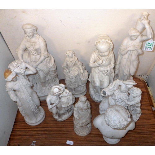 217 - Various Parianware figures and busts; an alabaster bust of Dante,  and an alabaster carving of a chi... 