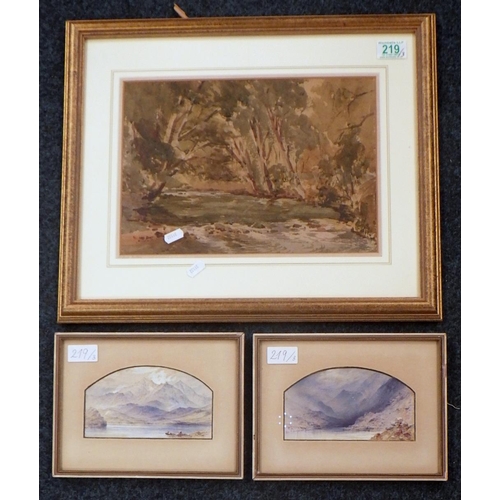 219 - Tunstall Small: Nr Bow Bridge, watercolour view, 33 x 23cm within mount and frame; a pair of mountai... 