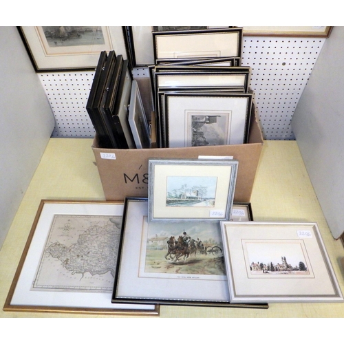 220 - A collection of 19th cent and later framed prints, maps and pictures incl York, Yorkshire and milita... 