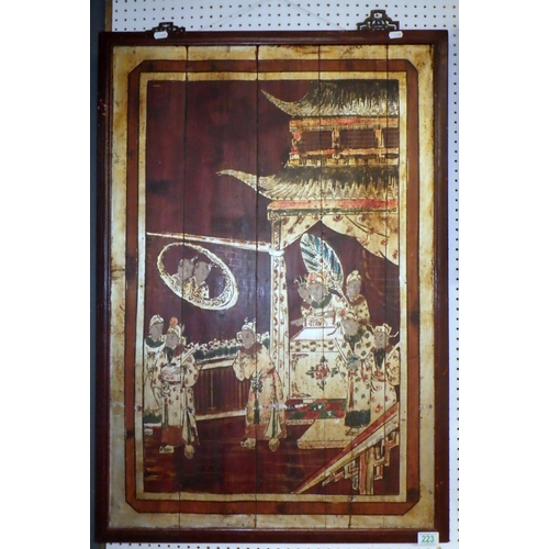 223 - An oriental painted wooden wall panel.  65 x 95cm.