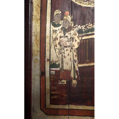 223 - An oriental painted wooden wall panel.  65 x 95cm.