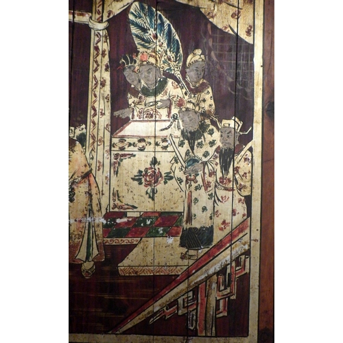 223 - An oriental painted wooden wall panel.  65 x 95cm.