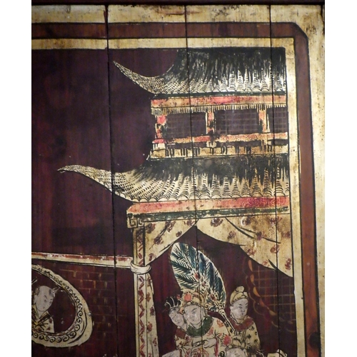 223 - An oriental painted wooden wall panel.  65 x 95cm.