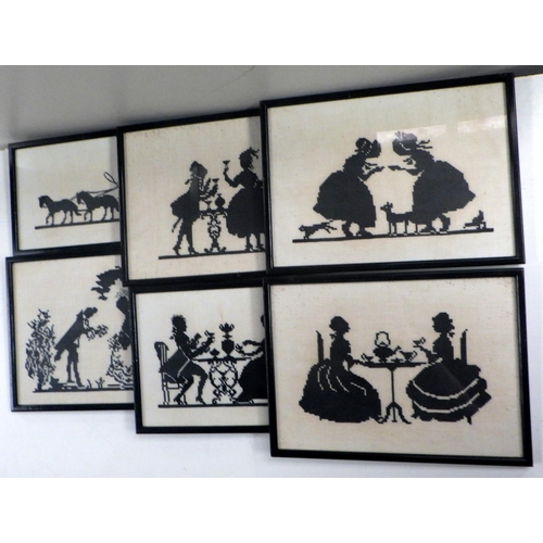 231 - A group of six framed silhouette needlework pictures, c1920s.