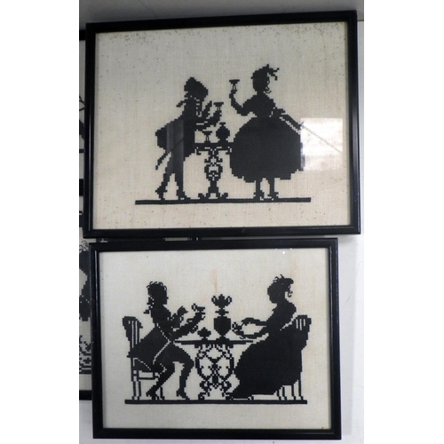 231 - A group of six framed silhouette needlework pictures, c1920s.