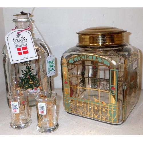 241 - A Holmegaard Christmas edition brandy / spirit decanter; a similar pair of miniature vases; a biscui... 