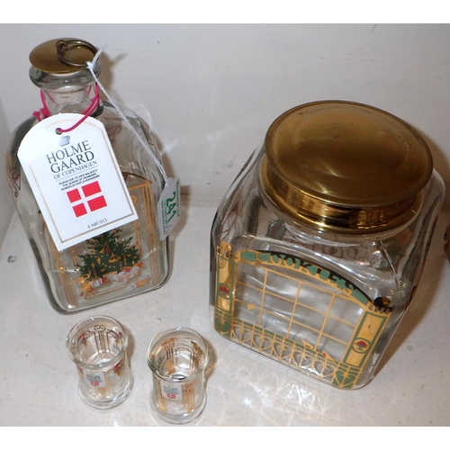 241 - A Holmegaard Christmas edition brandy / spirit decanter; a similar pair of miniature vases; a biscui... 