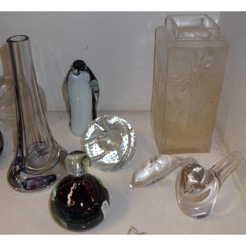 249 - A Caithness White Aster and Whirlygig paperweights; other glass incl Mid-Century style vases. (13)