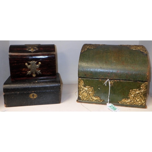 256 - A green leather stationery box having applied brass details; a Victorian domed scent bottle box, bot... 