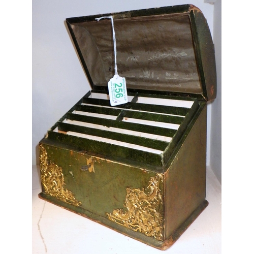 256 - A green leather stationery box having applied brass details; a Victorian domed scent bottle box, bot... 