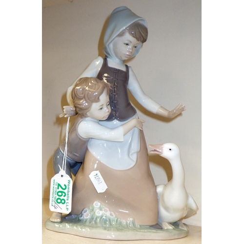 268 - A Lladro figurine depicting two children and a goose; a pair of Spode Pauline Shone figurines etc. (... 